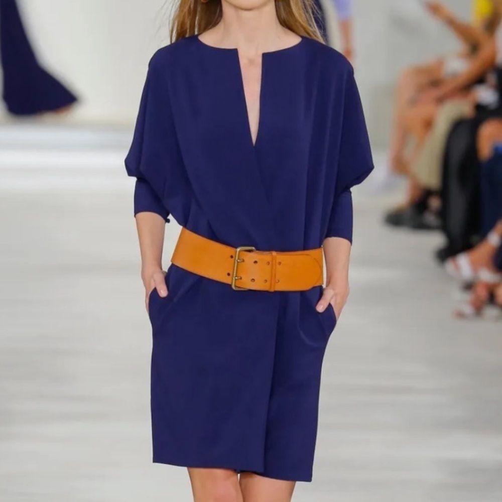 Ralph Lauren Collection Navy Blue Drop Waist Dolman Sleeve Stretch Wool Dress 2